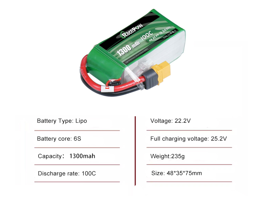 FPV drone battery 6S 1300MAH 100c with XT60 plug