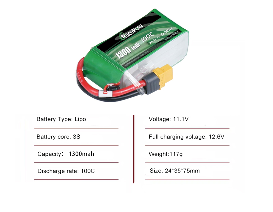 FPV drone battery 3S 1300MAH 100c with XT60 plug