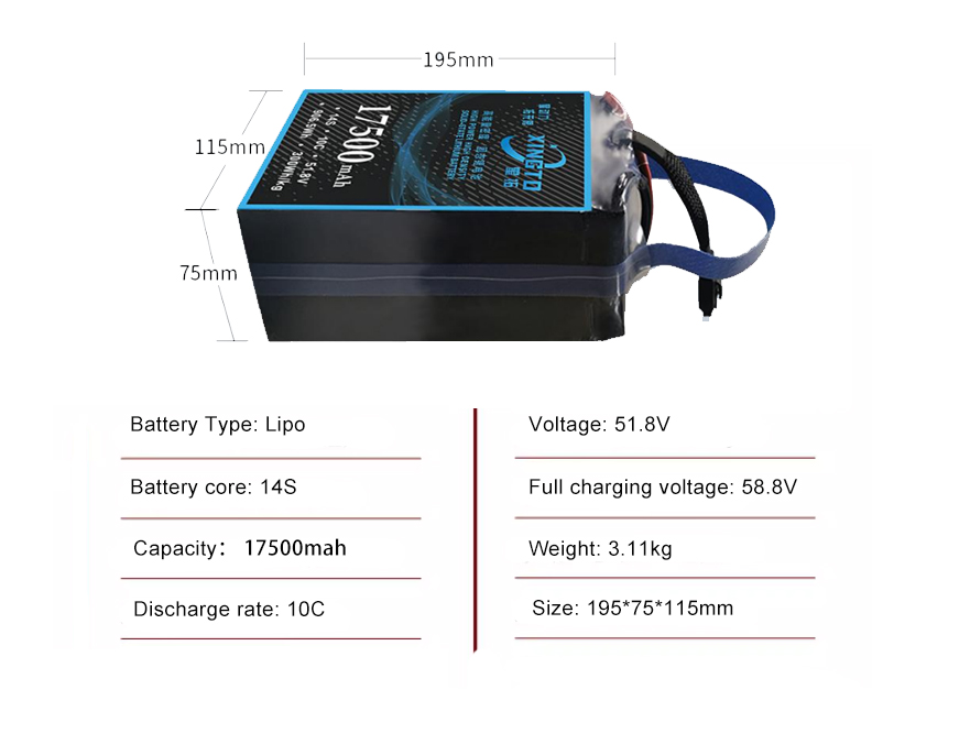 Drone battery 14S 17500mah 10C with 300Wh/kg energy density