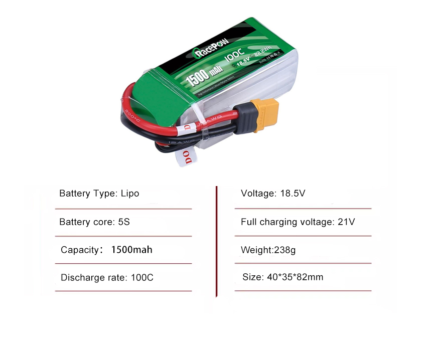 FPV drone battery 5S 1500mah 100C with XT60 plug