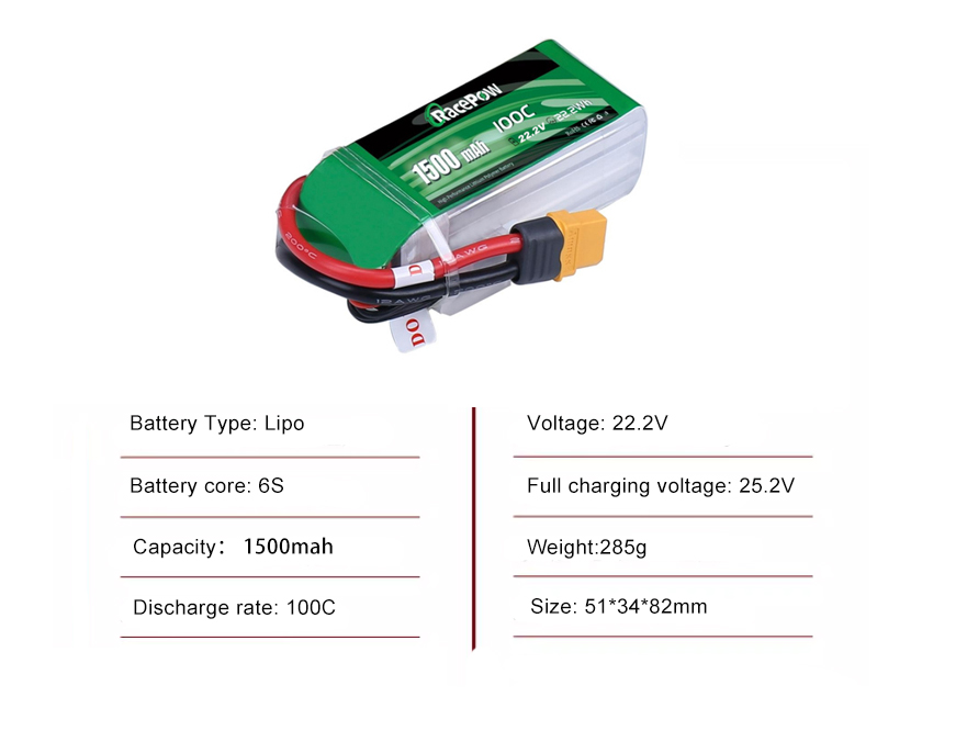 FPV drone battery 6S 1500mah 100C with XT60 plug