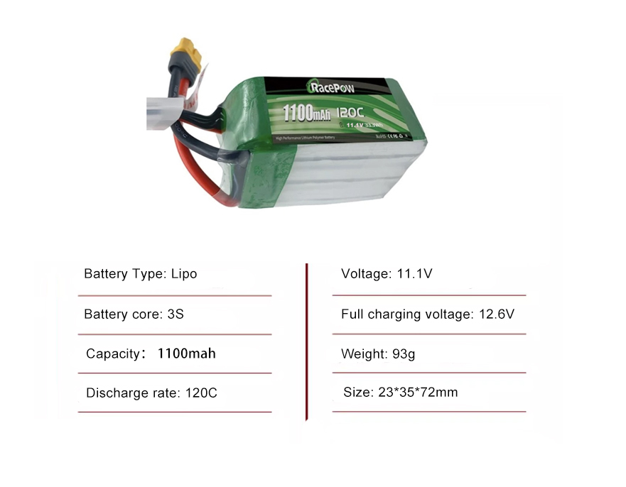 FPV drone battery 3S 1100mah 120C with XT60 plug