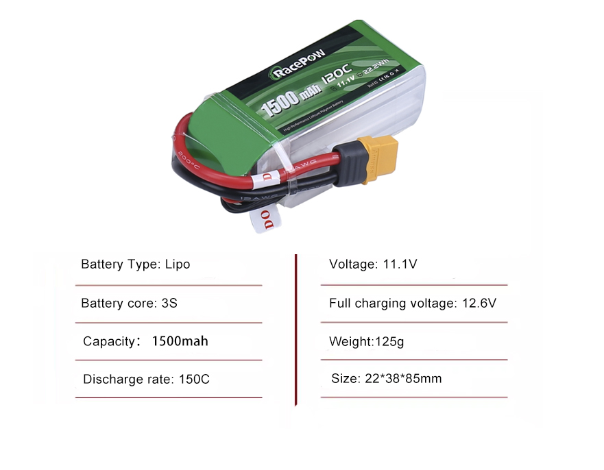 FPV drone battery 3S 1500mah 120C with XT60 plug