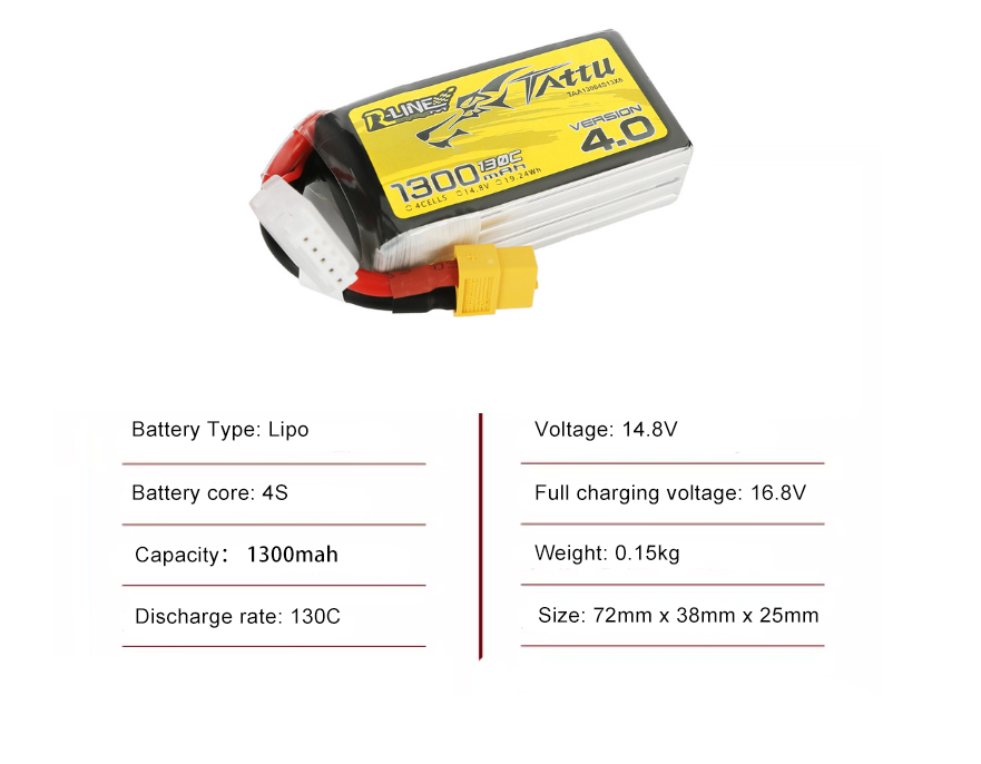 Tattu FPV drone battery 1300mAh 4S 130C 14.8V With XT60 Plug