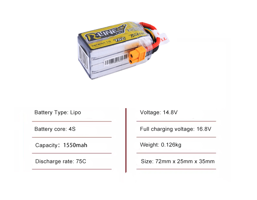 Tattu FPV drone battery 1550mAh 4S 75C 14.8V  With XT60 Plug