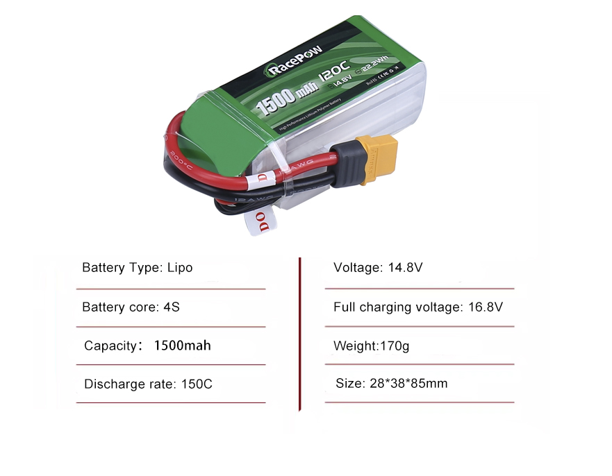 FPV drone battery 4S 1500mah 120C with XT60 plug