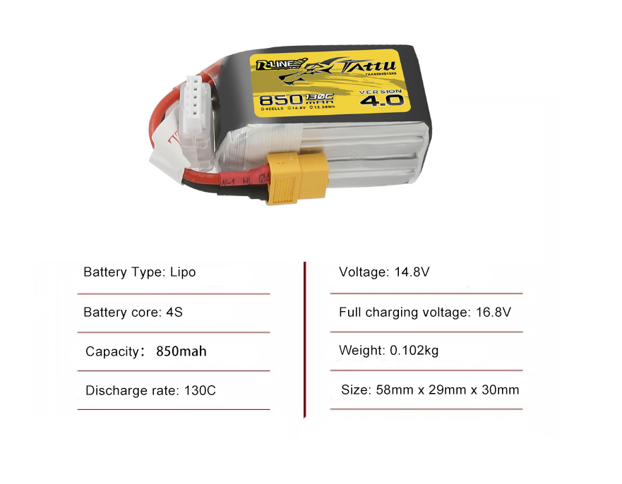 Tattu FPV drone battery 850mAh 4S 130C 14.8V  With XT60 Plug