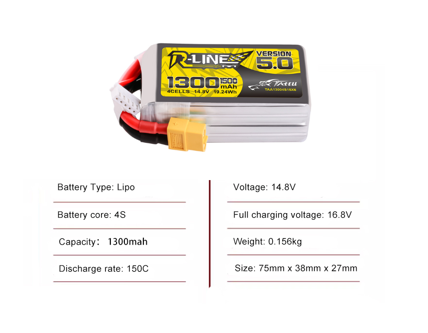 Tattu FPV drone battery 1300mAh 4S 150C 29.6V With XT60 Plug