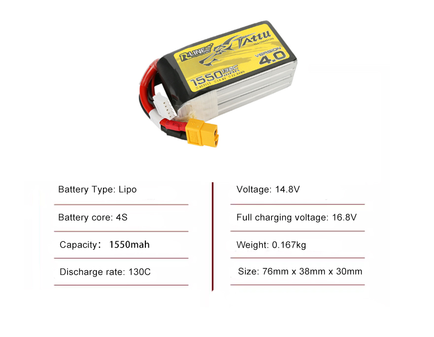 Tattu FPV drone battery 1550mAh 4S 130C 22.2V With XT60 Plug