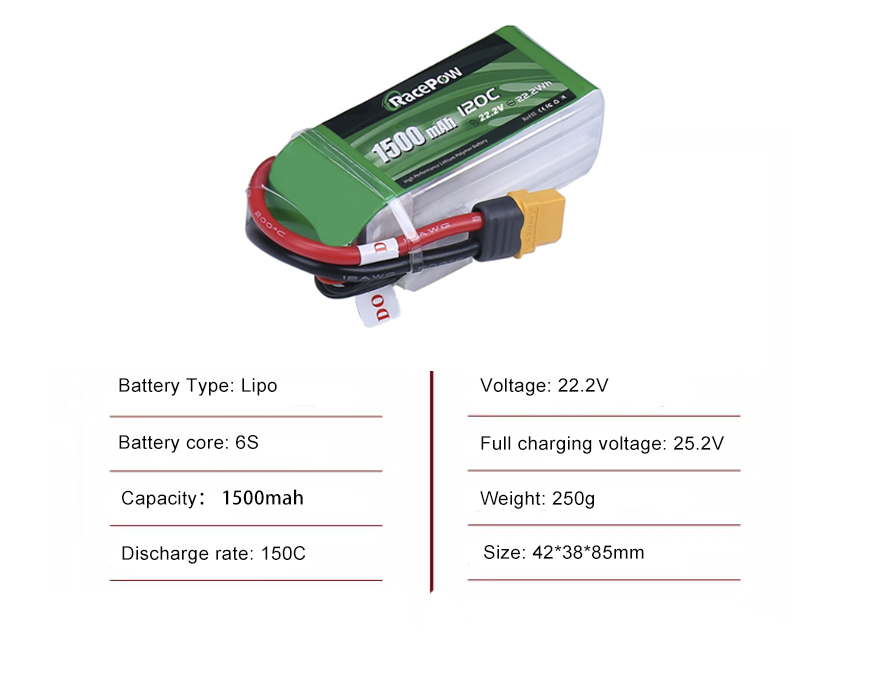 FPV drone battery 6S 1500mah 120C with XT60 plug