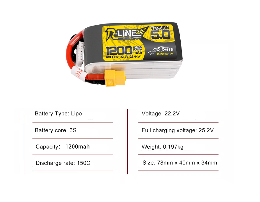 Tattu FPV drone battery 1200mAh 6S 150C 14.8V With XT60 Plug