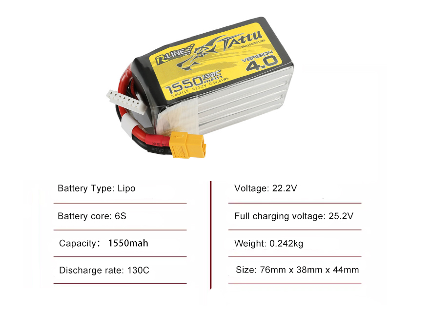 Tattu FPV drone battery 1550mAh 6S 130C 22.2V  With XT60 Plug