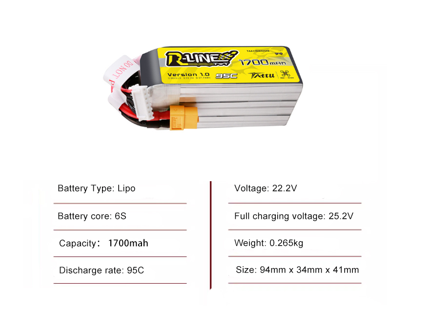 Tattu FPV drone battery 1700mAh 6S 95C 22.2V  With XT60 Plug