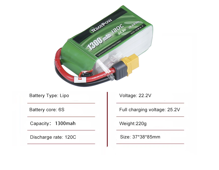 FPV drone battery 6S 1300mah 120C with XT60 plug