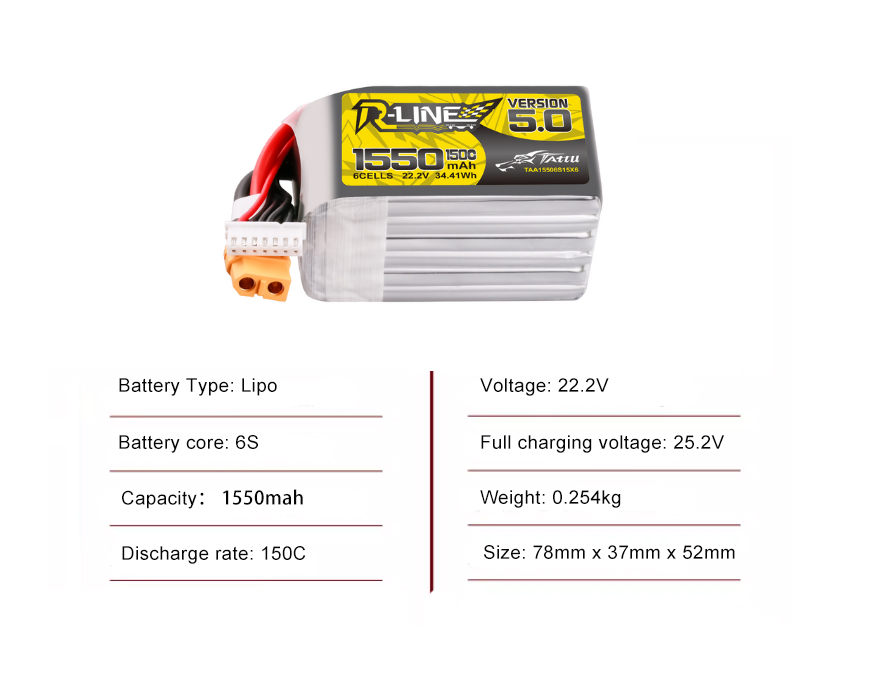 Tattu FPV drone battery 1550mAh 6S 150C 22.2V With XT60 Plug