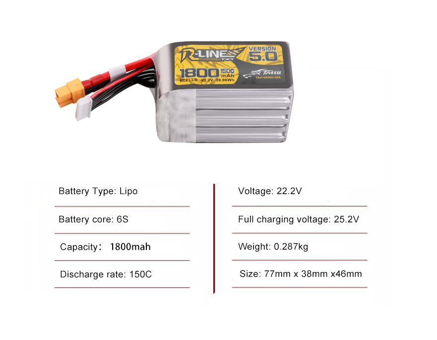 Tattu FPV drone battery 1800mAh 6S 150C 22.2V  With XT60 Plug