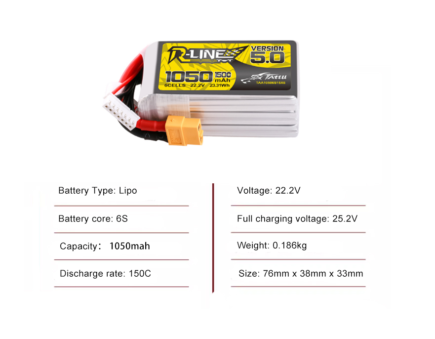 Tattu FPV drone battery 1050mAh 6S 150C 22.2V  With XT60 Plug