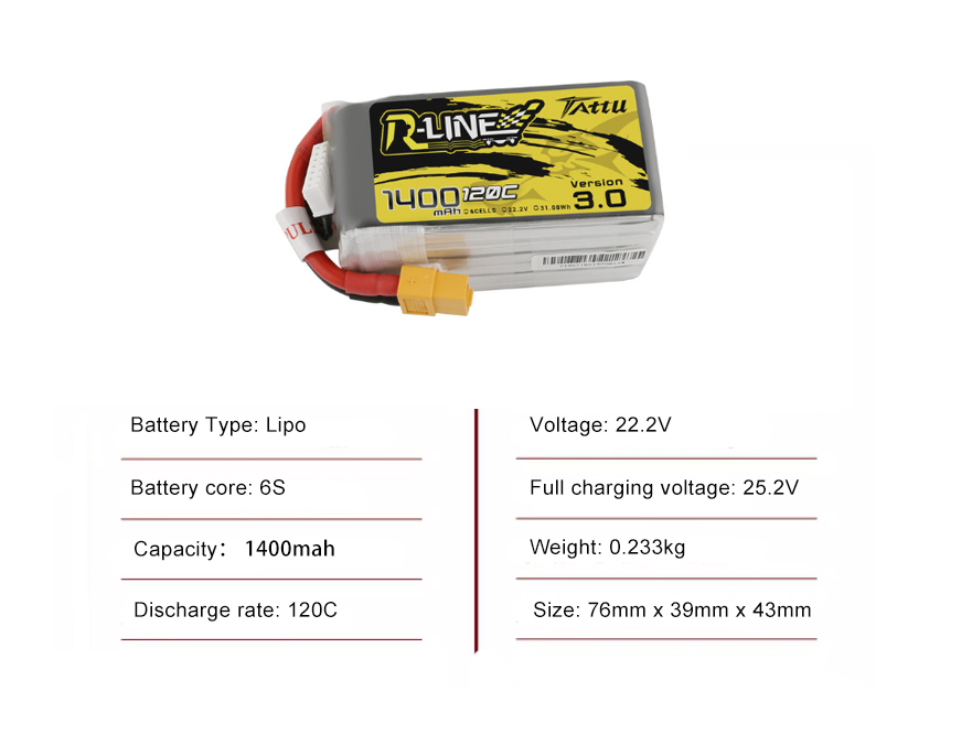 Tattu FPV drone battery 1400mAh 6S 150C 14.8V With XT60 Plug