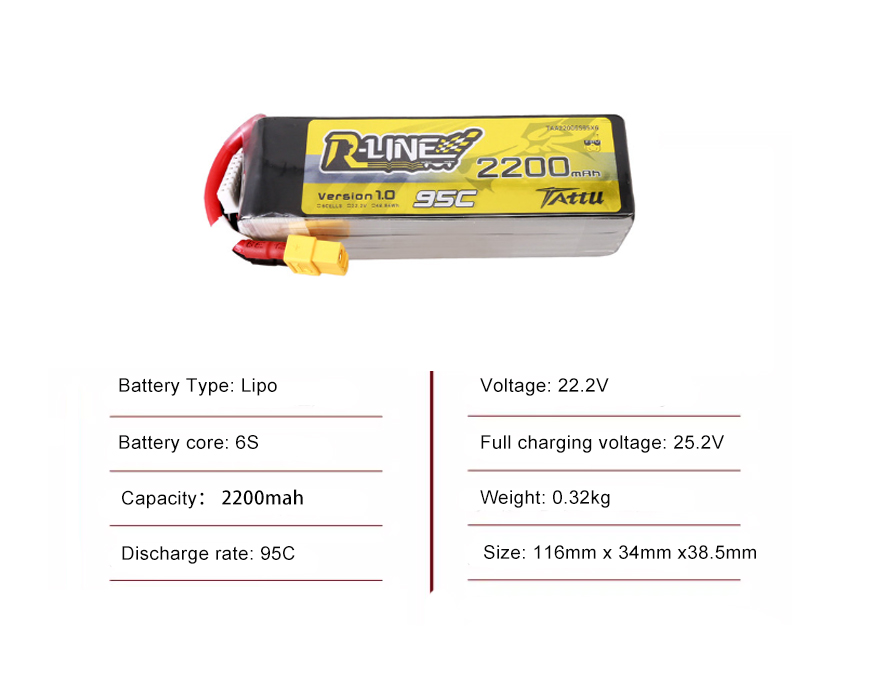 Tattu FPV drone battery 2200mAh 6S 95C 22.2V  With XT60 Plug