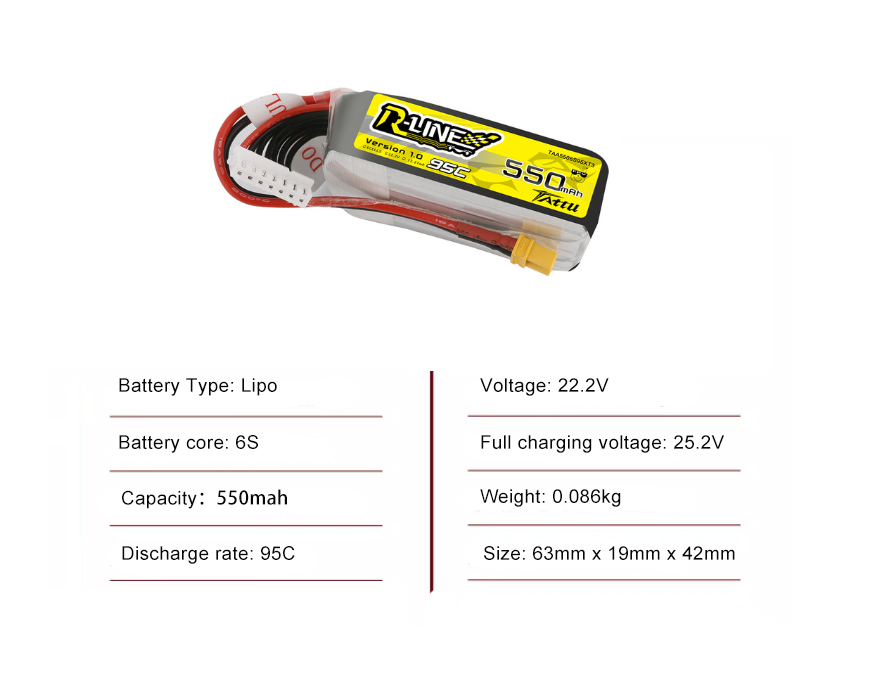 Tattu FPV drone battery 550mAh 6S 95C 22.2V  With XT60 Plug