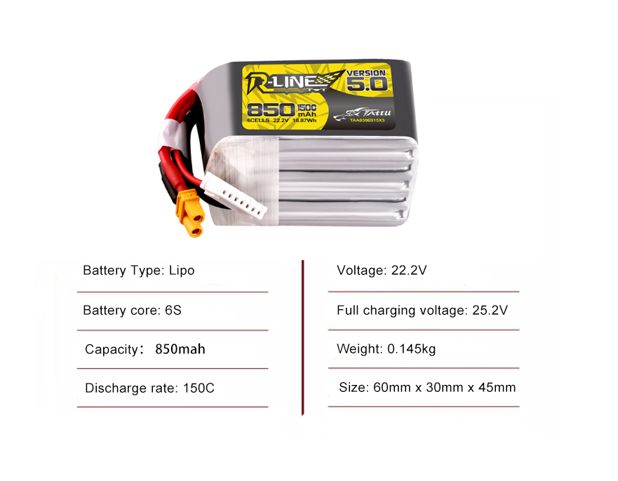 Tattu FPV drone battery 850mAh 6S 150C 22.2V  With XT60 Plug