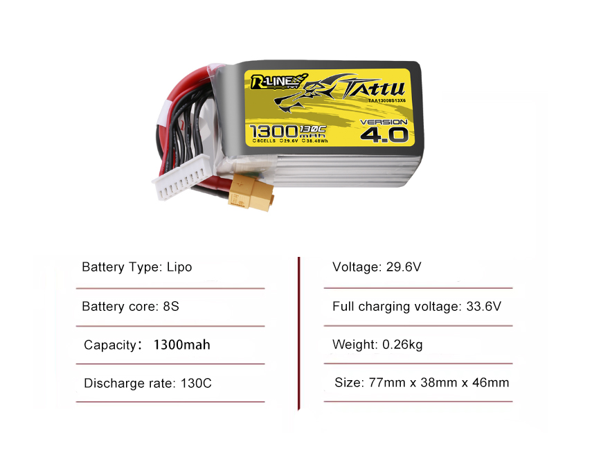 Tattu FPV drone battery 1300mAh 8S 130C 29.6V With XT60 Plug