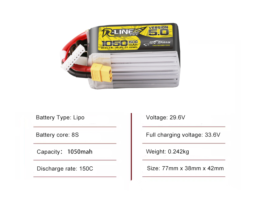 Tattu FPV drone battery 1050mAh 8S 150C 29.6V  With XT60 Plug