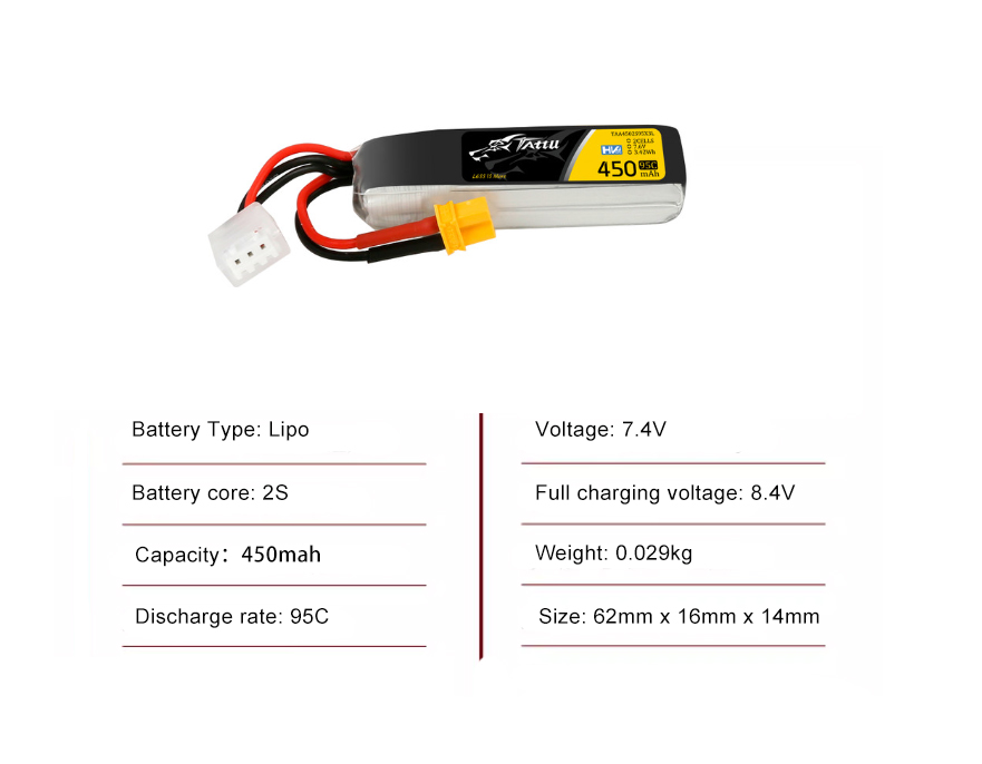 Tattu FPV drone battery 450mAh 2S 95C 7.4V With XT30 Plug