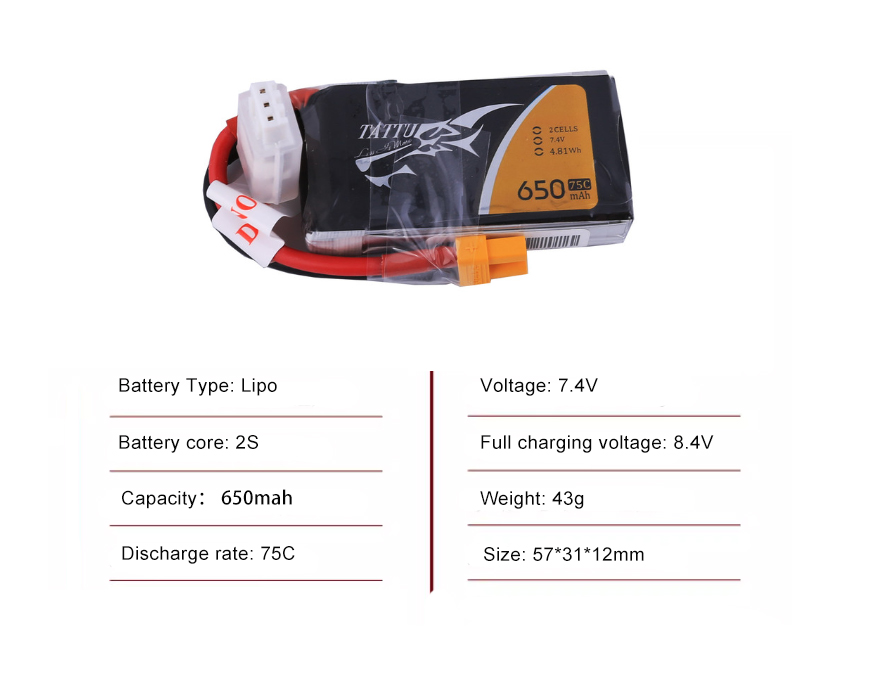 Tattu FPV drone battery 650mAh 2S 75C 7.4V With XT30 Plug