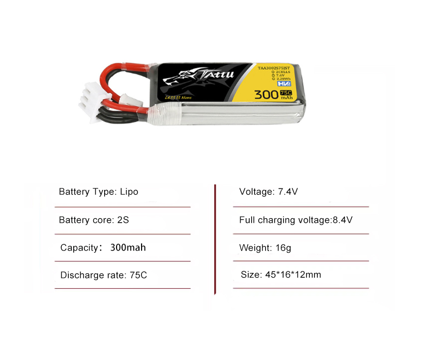 Tattu FPV drone battery 300mAh 2S 75C 7.4V  With XT30 Plug