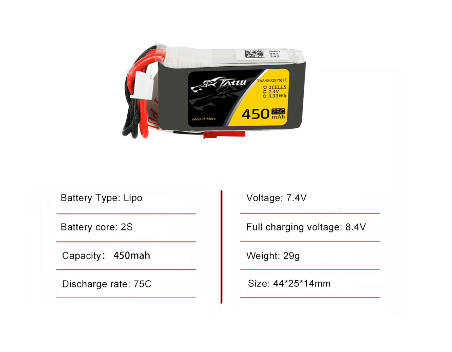 Tattu FPV drone battery 450mAh 2S 95C 7.4V With JST-SYP plug