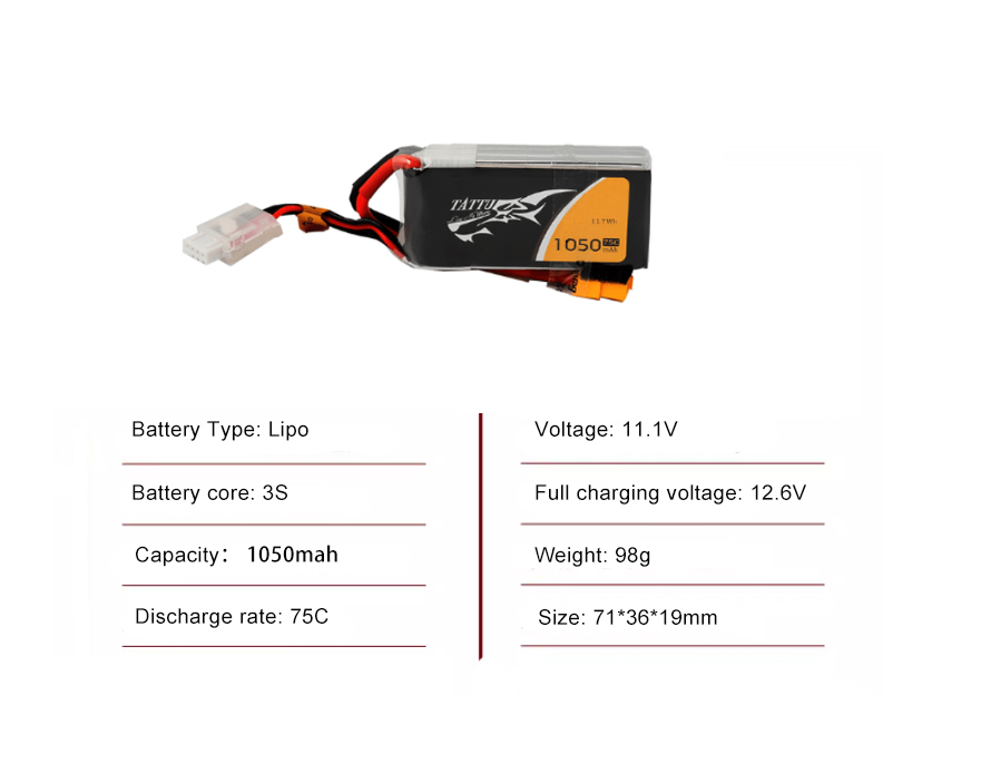 Tattu FPV drone battery 1050mAh 3S 75C 11.1V With XT60 Plug