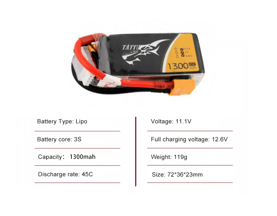 Tattu FPV drone battery 1300mAh 3S 45C 11.1V With XT60 Plug