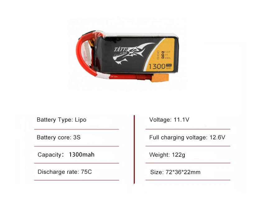 Tattu FPV drone battery 1300mAh 3S 75C 11.1V With XT60 Plug