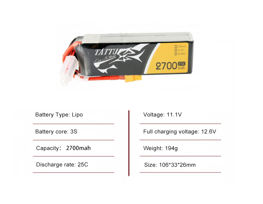 Tattu FPV drone battery 2700mAh 3S 25C 11.1V With XT60 Plug