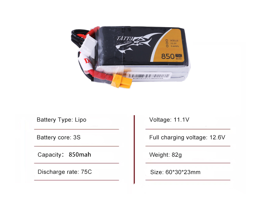 Tattu FPV drone battery 850mAh 3S 75C 11.1V With XT30 Plug