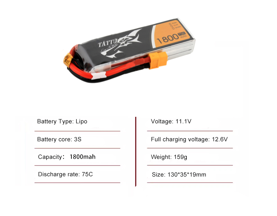 Tattu FPV drone battery 1800mAh 3S 75C 11.1V With XT60 Plug