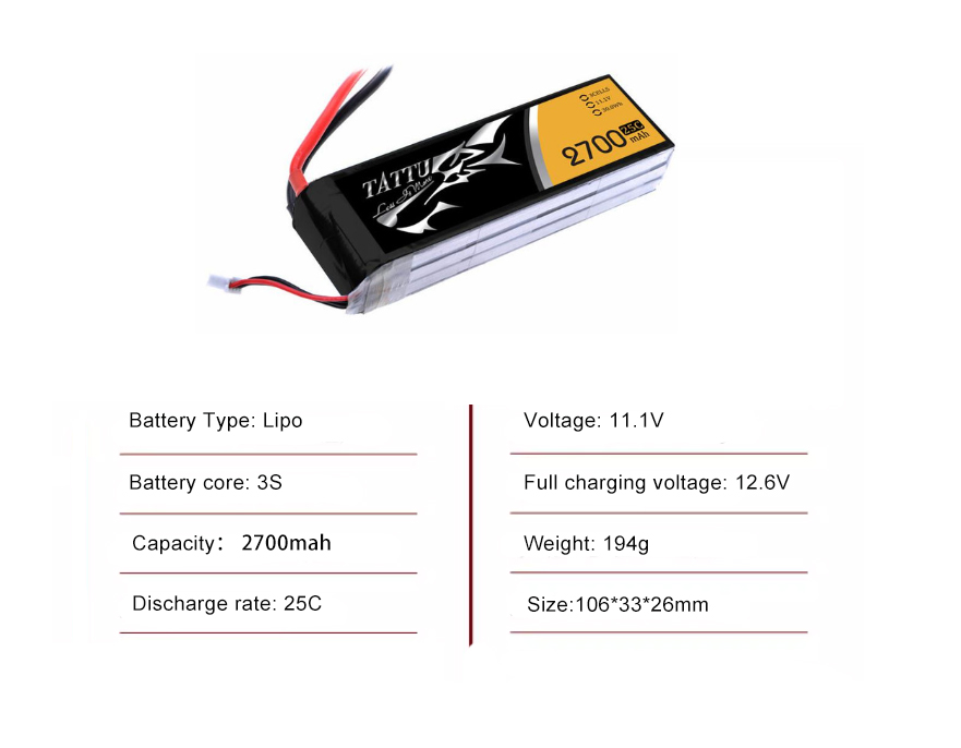 Tattu Battery 3S 2700mAh 25C 11.1V With XT60 Plug