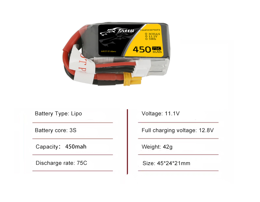 Tattu FPV drone battery 450mAh 3S 75C 11.1V With XT30 Plug