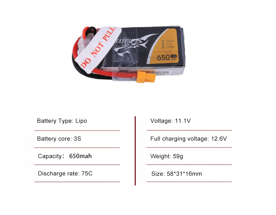 Tattu FPV drone battery 650mAh 3S 75C 11.1V With XT30 Plug