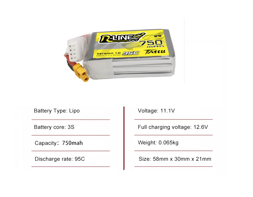 Tattu FPV drone battery 750mAh 3S 95C 11.1V With XT30 Plug