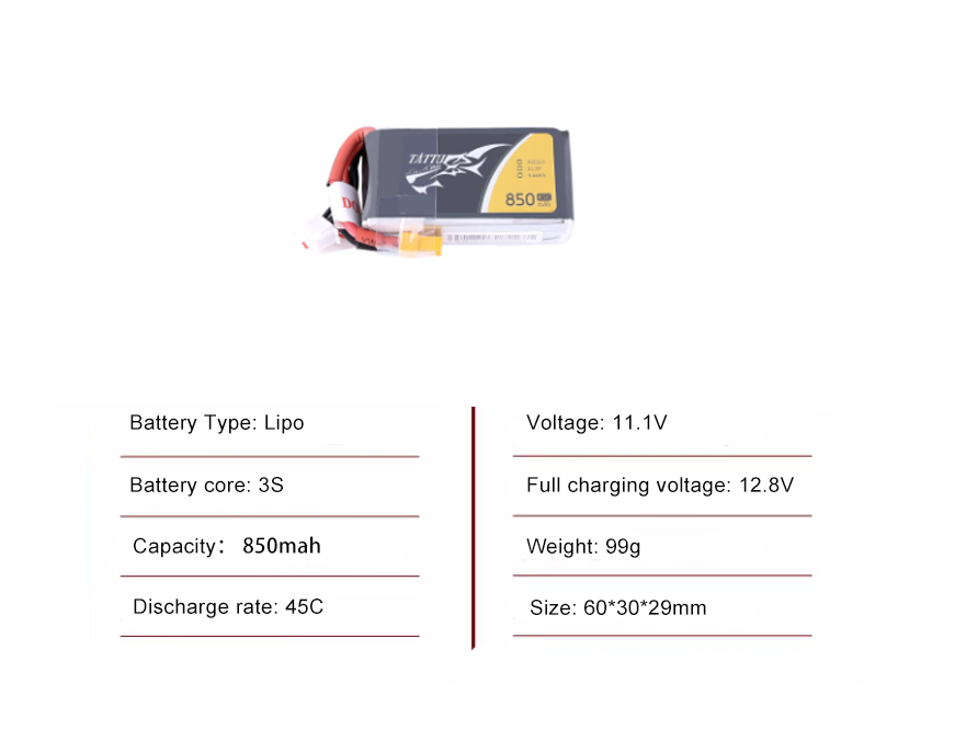 Tattu FPV drone battery 850mAh 3S 45C 11.1V With XT30 Plug