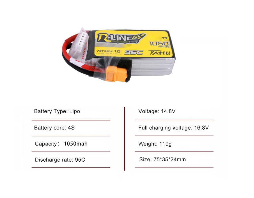 Tattu FPV drone battery 1050mAh 4S 95C 14.8V With XT60 Plug