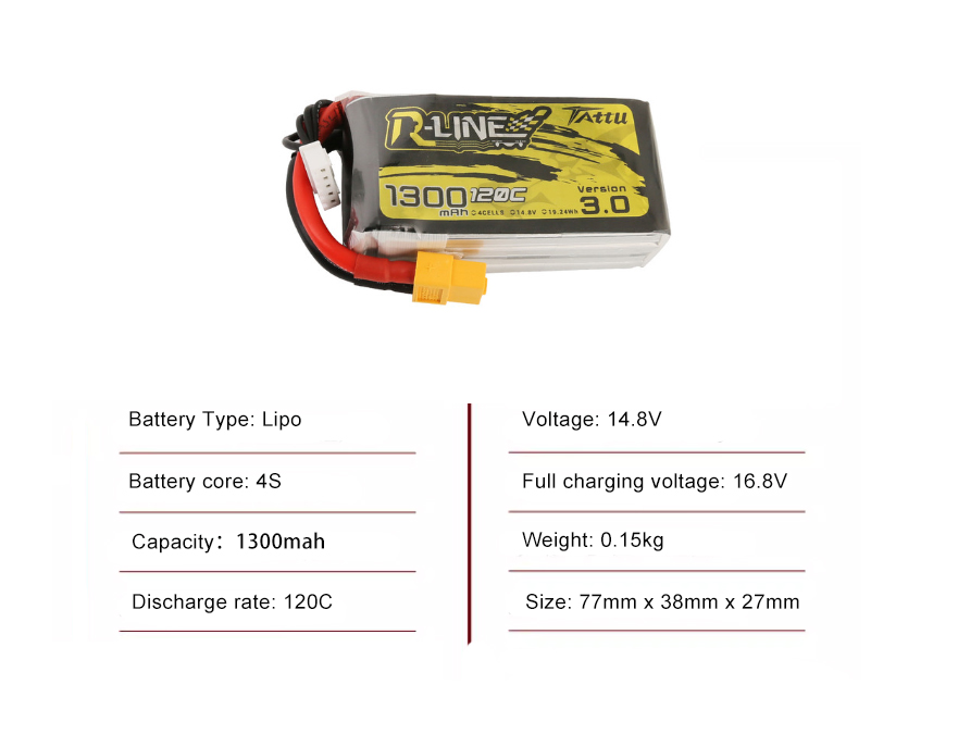 Tattu FPV drone battery 1300mAh 4S 120C 14.8V With XT30 Plug