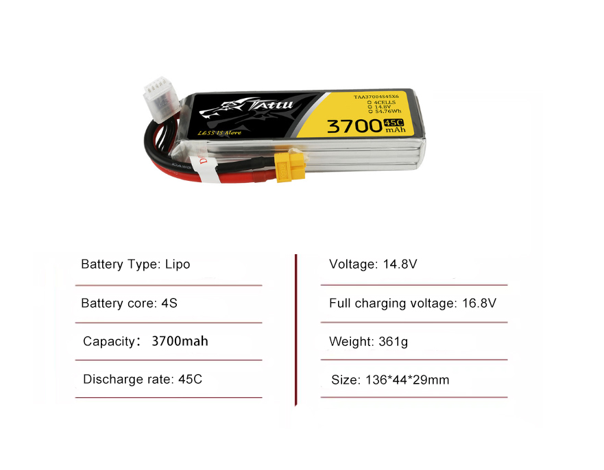 Tattu FPV drone battery 3700mAh 4S 45C 14.8V With XT60 Plug