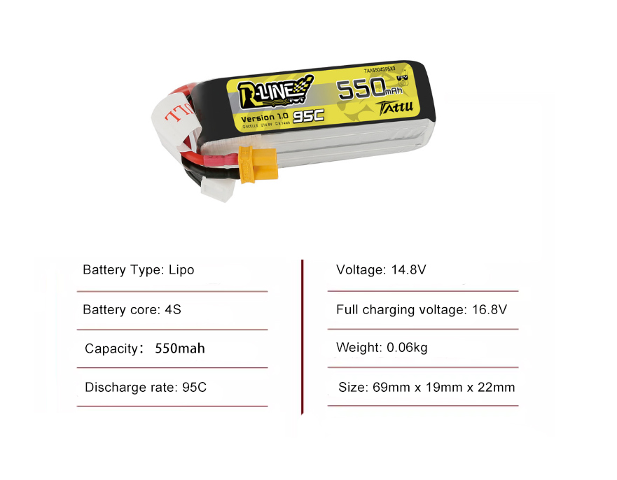 Tattu FPV drone battery 550mAh 4S 95C 14.8V With XT60 Plug