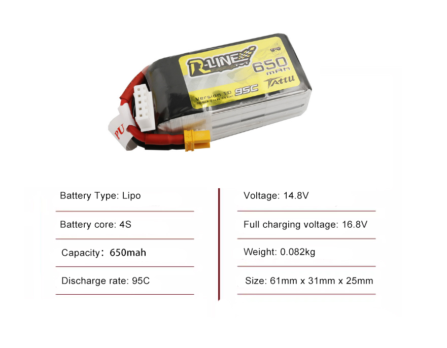 Tattu FPV drone battery 650mAh 4S 95C 14.8V With XT30 Plug