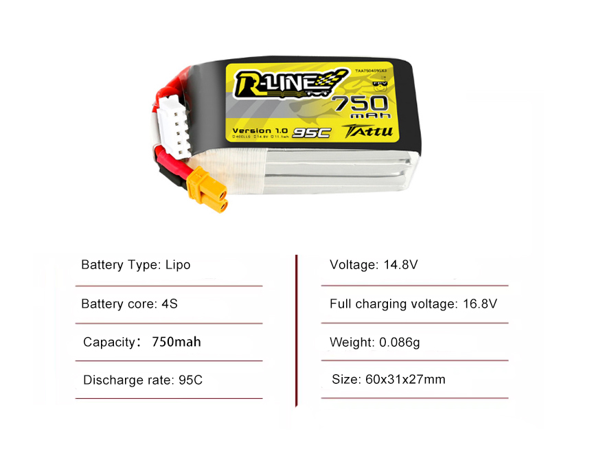 Tattu FPV drone battery 750mAh 4S 95C 14.8V  With XT60 Plug