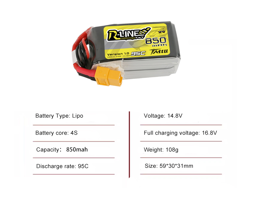 Tattu FPV drone battery 850mAh 4S 95C 14.8V With XT60 Plug