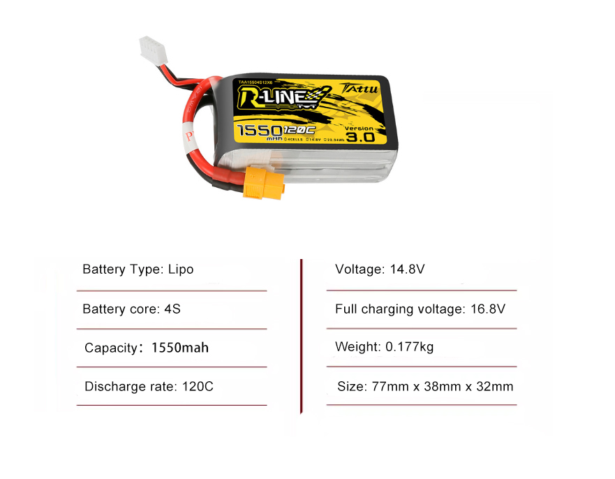 Tattu FPV drone battery 1550mAh 4S 120C 14.8V With XT30 Plug